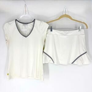 L’Oeuf Poché Baseline Tennis Top and Skort Matching Set White with Navy Trim Sm